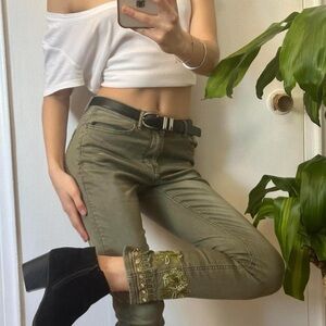 💜 Desigual Embroidered Jeans Olive Green Women's Size US 6